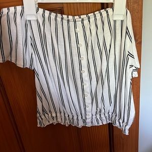 Off the Shoulder White and Black Stripped Shirt